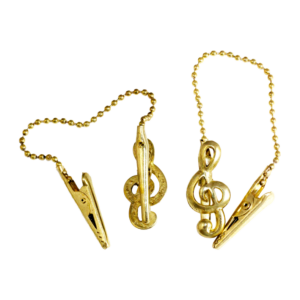 PRENDEDOR DE PARTITURA CLIPETS CLAVE DE SOL COM CORRENTE DOURADO